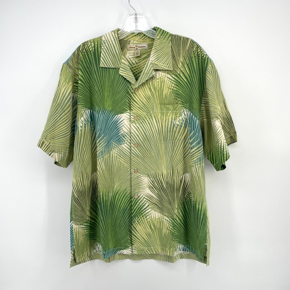 Tommy Bahama Mens M Green Palm Leaf Print 100% Silk Short Sleeve Button Up Shirt
